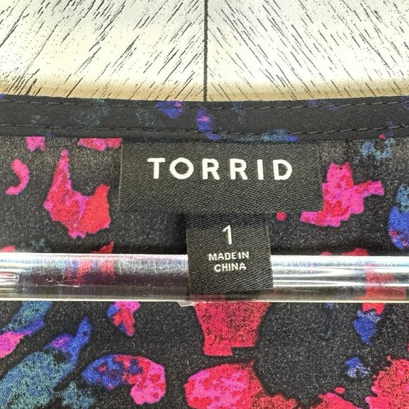 Torrid Blouse Plus Size 1X Peplum Tie Knot Front 3/4 Sleeve V-Neck Pink Multi - Picture 3 of 4